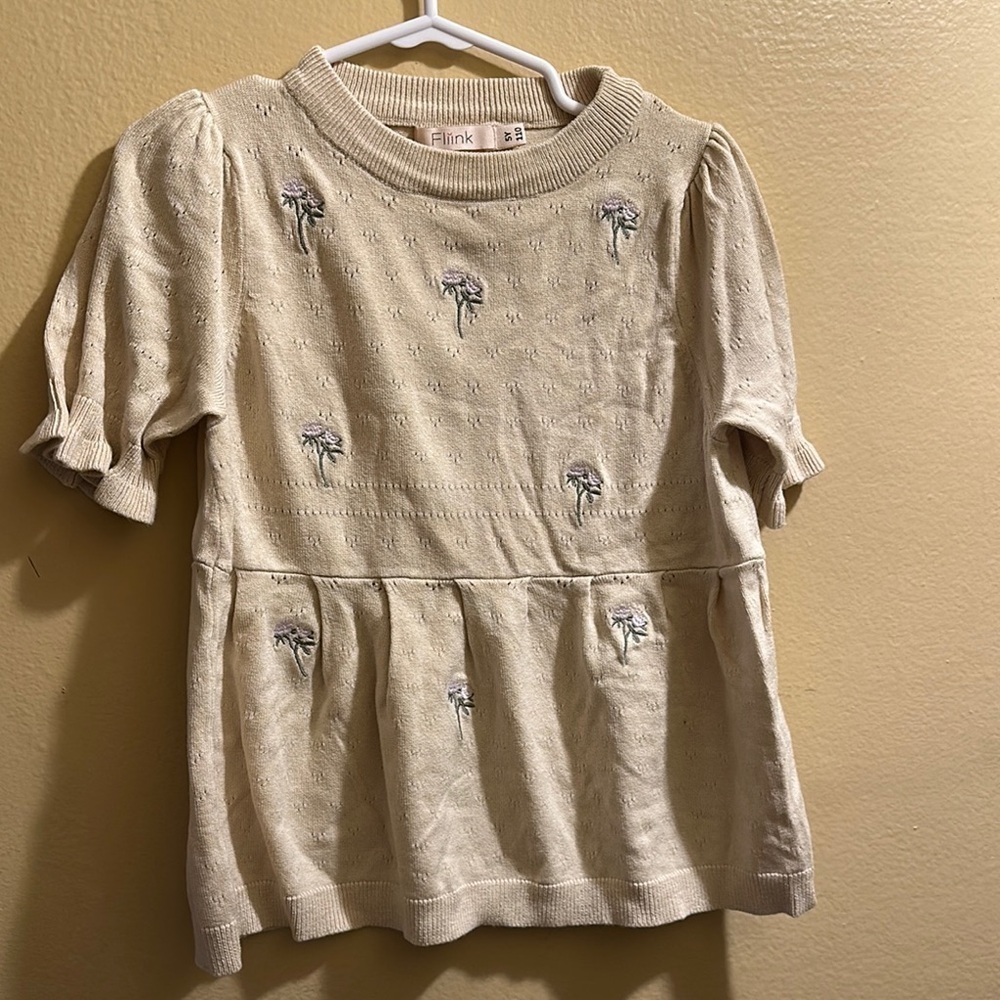 Fliink Cream Kids Top with Floral Embroidery